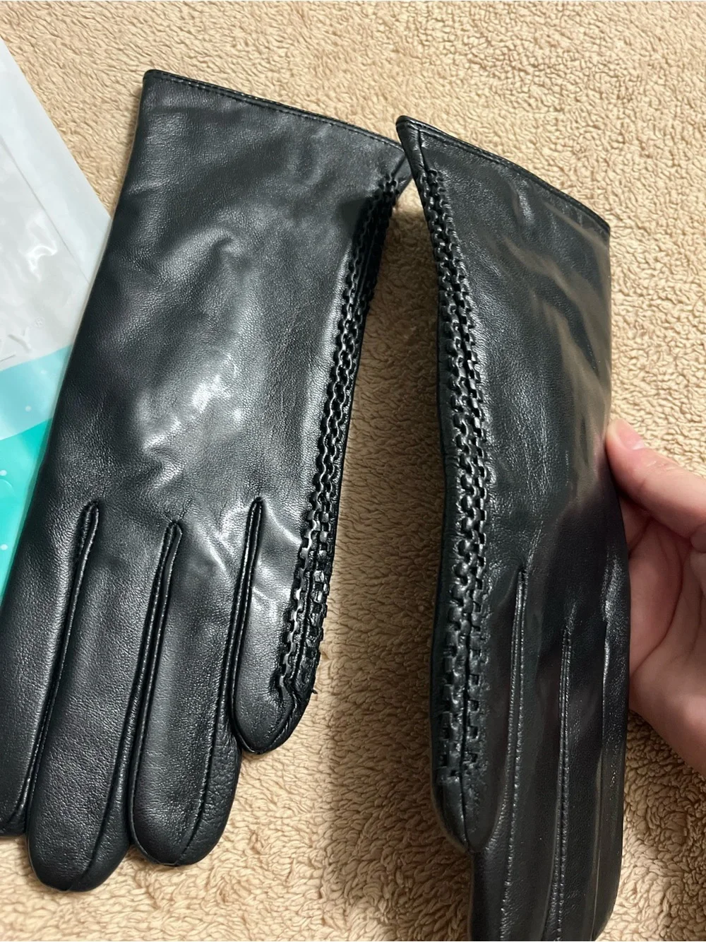 NWT Genuine sheepskin Black Leather Gloves winter warm touchscreen size S